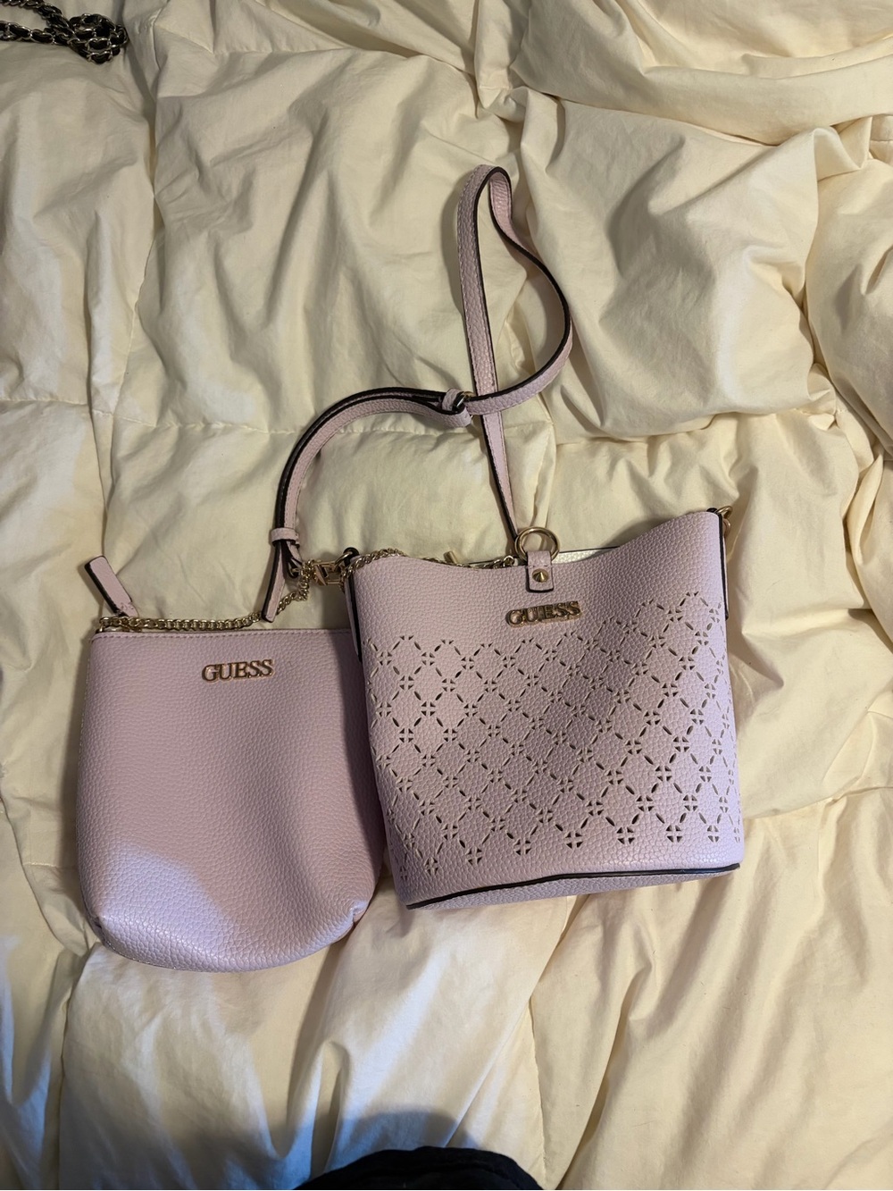 GUESS Light Pink Laser-Cut Bucket Bag with Matching Pouch